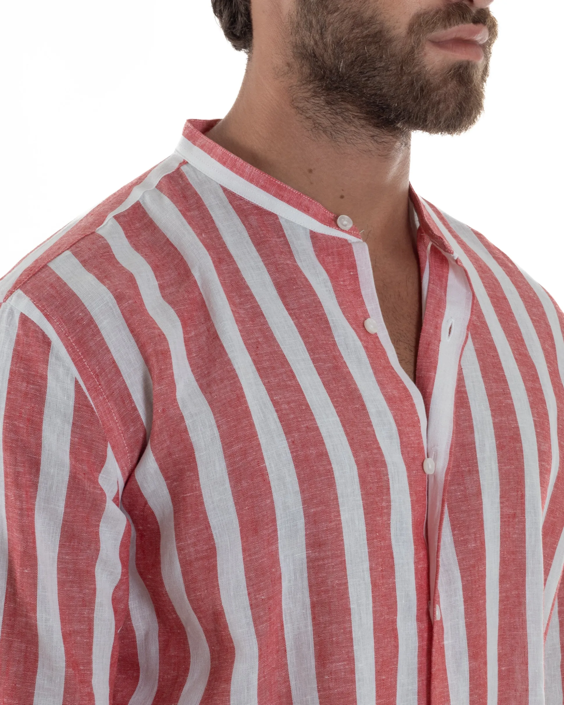 Camicia Uomo Lino Collo Coreano Riga Larga Rosso C3016A