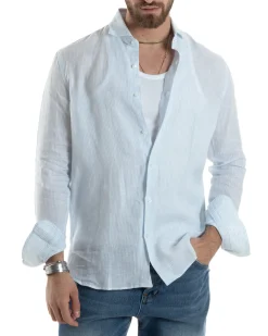 Camicia Uomo Lino Collo Francese Con Colletto Maniche Lunghe Regular Fit Riga Stretta Celeste GIOSAL-C2857A