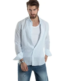 Camicia Uomo Lino Collo Francese Con Colletto Maniche Lunghe Regular Fit Riga Stretta Celeste GIOSAL-C2857A