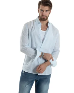 Camicia Uomo Lino Collo Francese Con Colletto Maniche Lunghe Regular Fit Riga Stretta Celeste GIOSAL-C2857A
