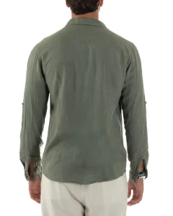Camicia uomo lino collo francese slim fit basic casual verde GIOSAL-C3033A