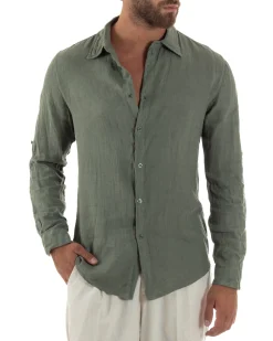 Camicia uomo lino collo francese slim fit basic casual verde GIOSAL-C3033A