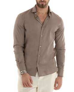 Camicia Uomo Lino Collo Francese Casual Sartoriale Tinta Unita Fango GIOSAL-C2714A