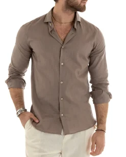 Camicia Uomo Lino Collo Francese Casual Sartoriale Tinta Unita Fango GIOSAL-C2714A