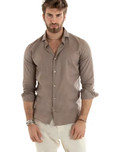 Camicia Uomo Lino Collo Francese Casual Sartoriale Tinta Unita Fango GIOSAL-C2714A