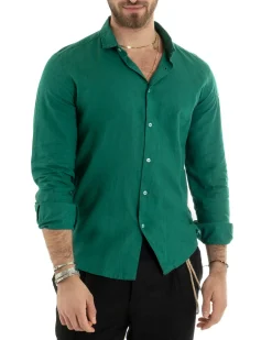 Camicia Uomo Lino Collo Francese Casual Sartoriale Tinta Unita Verde Petrolio GIOSAL-C2720A