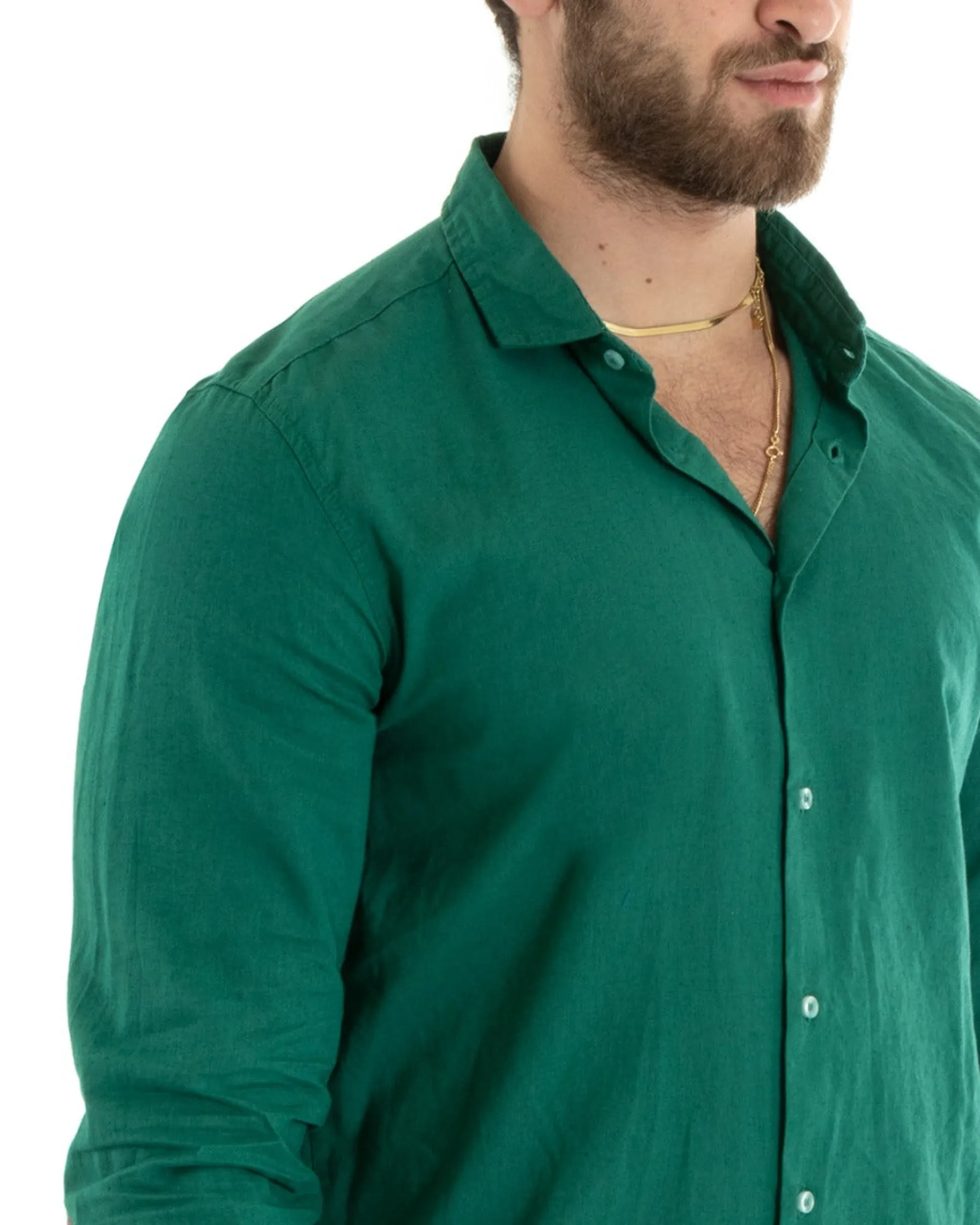 Camicia Uomo Lino Collo Francese Casual Sartoriale Tinta Unita Verde Petrolio GIOSAL-C2720A