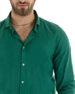 Camicia Uomo Lino Collo Francese Casual Sartoriale Tinta Unita Verde Petrolio GIOSAL-C2720A
