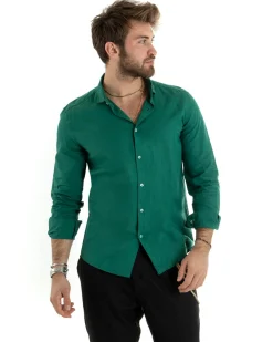 Camicia Uomo Lino Collo Francese Casual Sartoriale Tinta Unita Verde Petrolio GIOSAL-C2720A