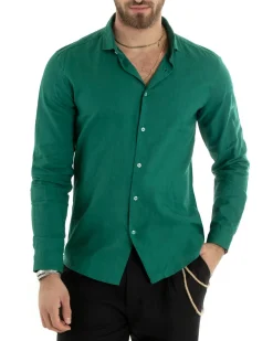 Camicia Uomo Lino Collo Francese Casual Sartoriale Tinta Unita Verde Petrolio GIOSAL-C2720A