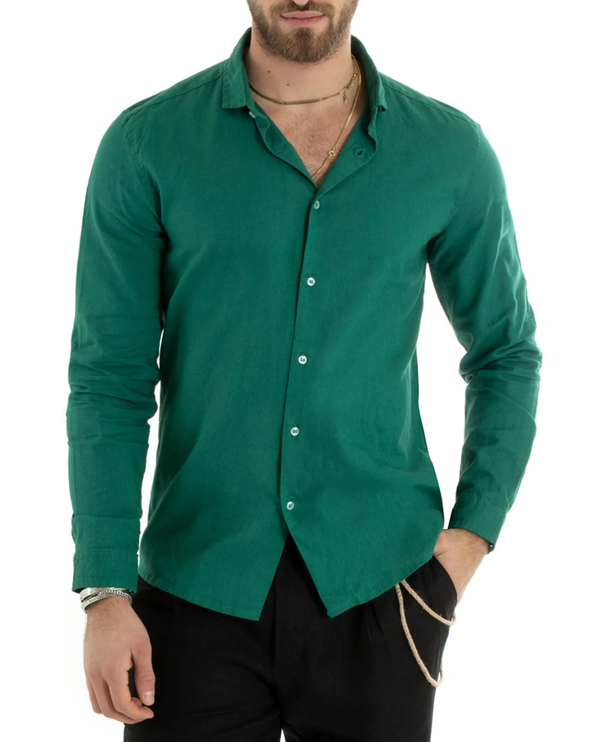 Camicia Uomo Lino Collo Francese Casual Sartoriale Tinta Unita Verde Petrolio GIOSAL-C2720A