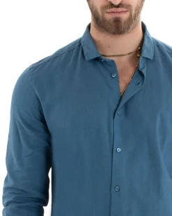 Camicia Uomo Lino Collo Francese Casual Sartoriale Tinta Unita Avio GIOSAL-C2716A
