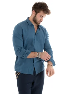 Camicia Uomo Lino Collo Francese Casual Sartoriale Tinta Unita Avio GIOSAL-C2716A