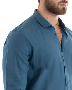 Camicia Uomo Lino Collo Francese Casual Sartoriale Tinta Unita Avio GIOSAL-C2716A