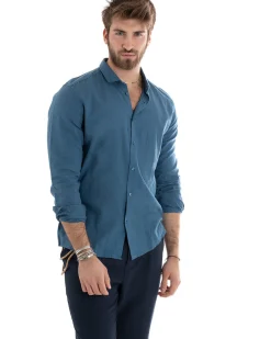 Camicia Uomo Lino Collo Francese Casual Sartoriale Tinta Unita Avio GIOSAL-C2716A