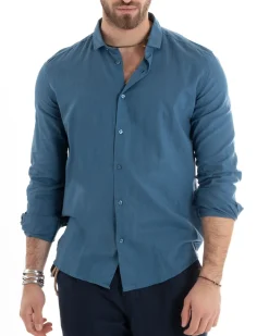 Camicia Uomo Lino Collo Francese Casual Sartoriale Tinta Unita Avio GIOSAL-C2716A