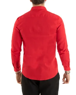 Camicia Uomo Lino Collo Francese Casual Sartoriale Tinta Unita Rosso GIOSAL-C2721A
