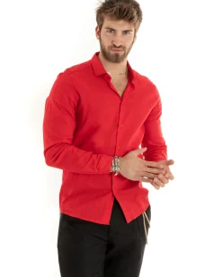 Camicia Uomo Lino Collo Francese Casual Sartoriale Tinta Unita Rosso GIOSAL-C2721A