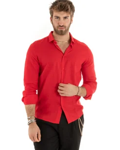 Camicia Uomo Lino Collo Francese Casual Sartoriale Tinta Unita Rosso GIOSAL-C2721A