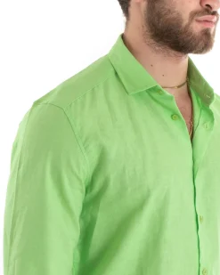 Camicia Uomo Lino Collo Francese Casual Sartoriale Tinta Unita Verde Acido GIOSAL-C2719A
