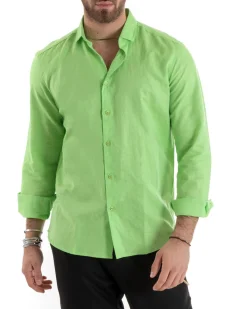 Camicia Uomo Lino Collo Francese Casual Sartoriale Tinta Unita Verde Acido GIOSAL-C2719A
