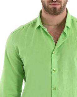 Camicia Uomo Lino Collo Francese Casual Sartoriale Tinta Unita Verde Acido GIOSAL-C2719A