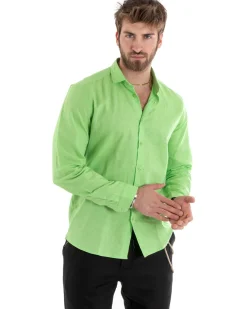 Camicia Uomo Lino Collo Francese Casual Sartoriale Tinta Unita Verde Acido GIOSAL-C2719A