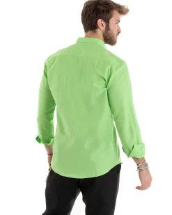 Camicia Uomo Lino Collo Francese Casual Sartoriale Tinta Unita Verde Acido GIOSAL-C2719A