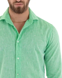 Camicia Uomo Lino Collo Francese Sartoriale Verde Menta Melangiata C3058A