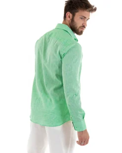 Camicia Uomo Lino Collo Francese Sartoriale Verde Menta Melangiata C3058A