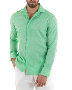 Camicia Uomo Lino Collo Francese Sartoriale Verde Menta Melangiata C3058A