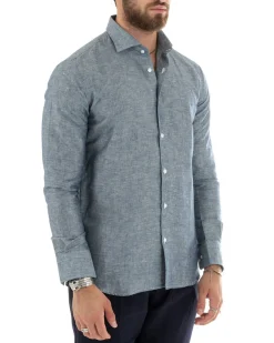 Camicia Uomo Lino Collo Francese Sartoriale Blu Melangiata C2685A