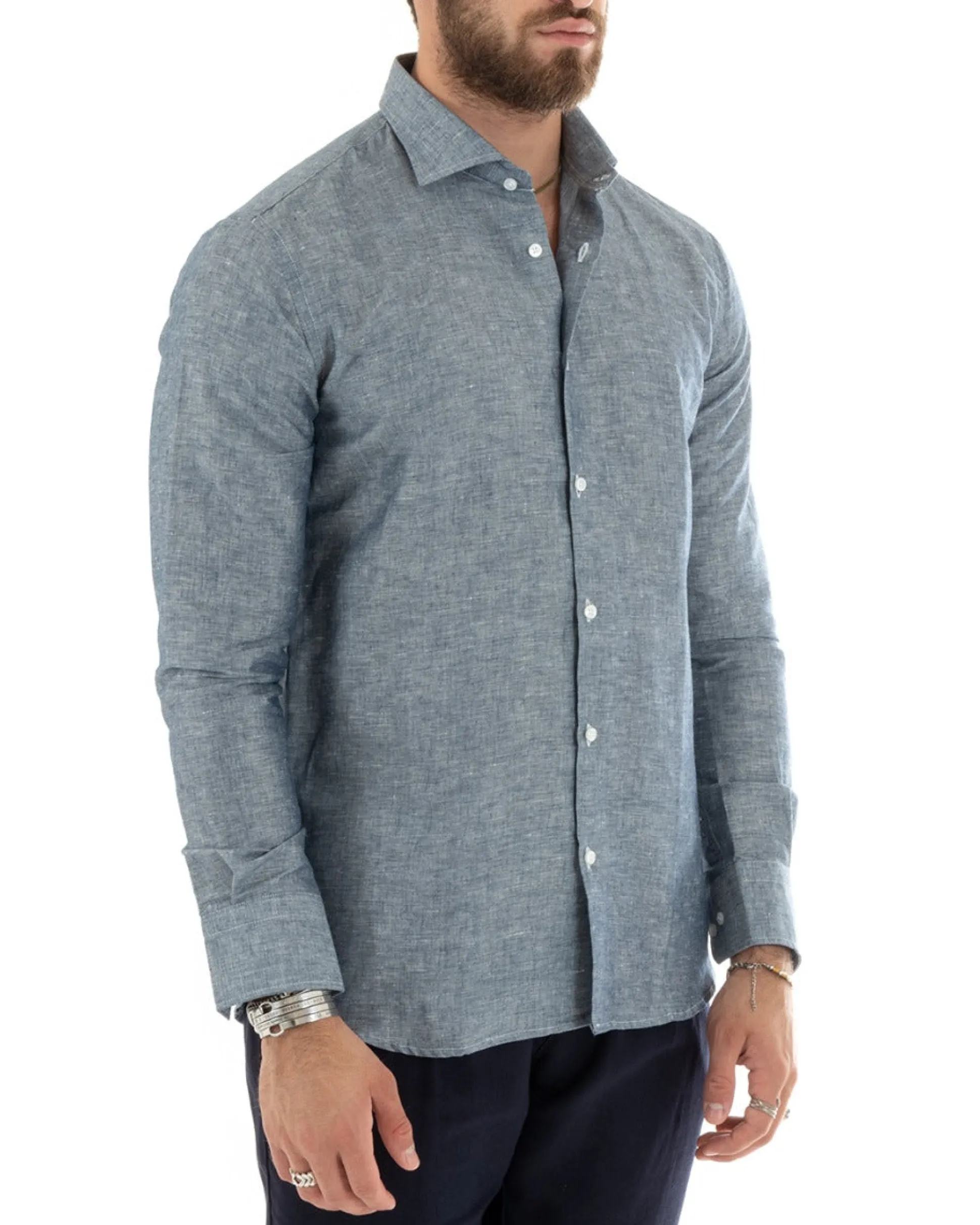 Camicia Uomo Lino Collo Francese Sartoriale Blu Melangiata C2685A