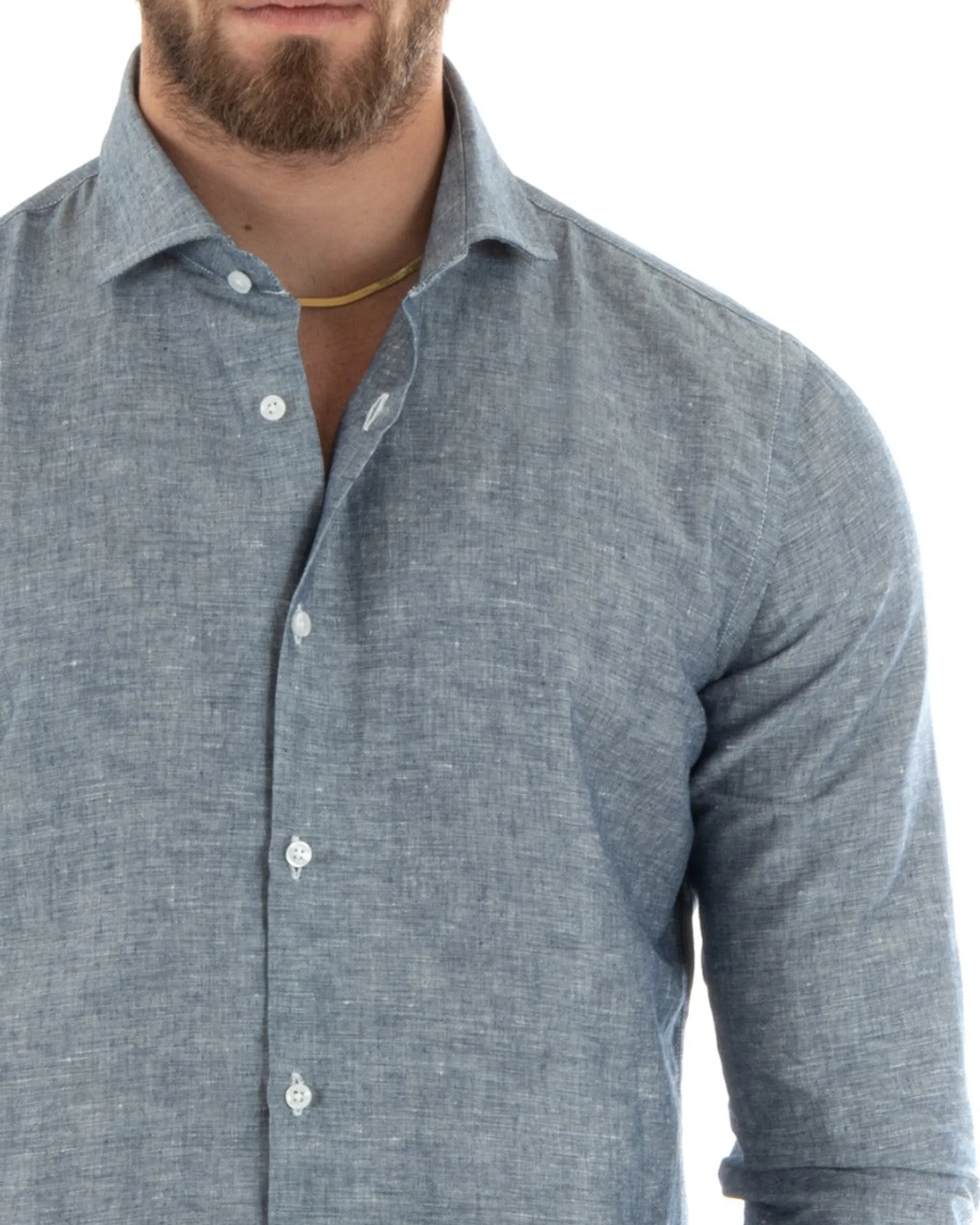 Camicia Uomo Lino Collo Francese Sartoriale Blu Melangiata C2685A