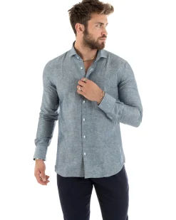 Camicia Uomo Lino Collo Francese Sartoriale Blu Melangiata C2685A
