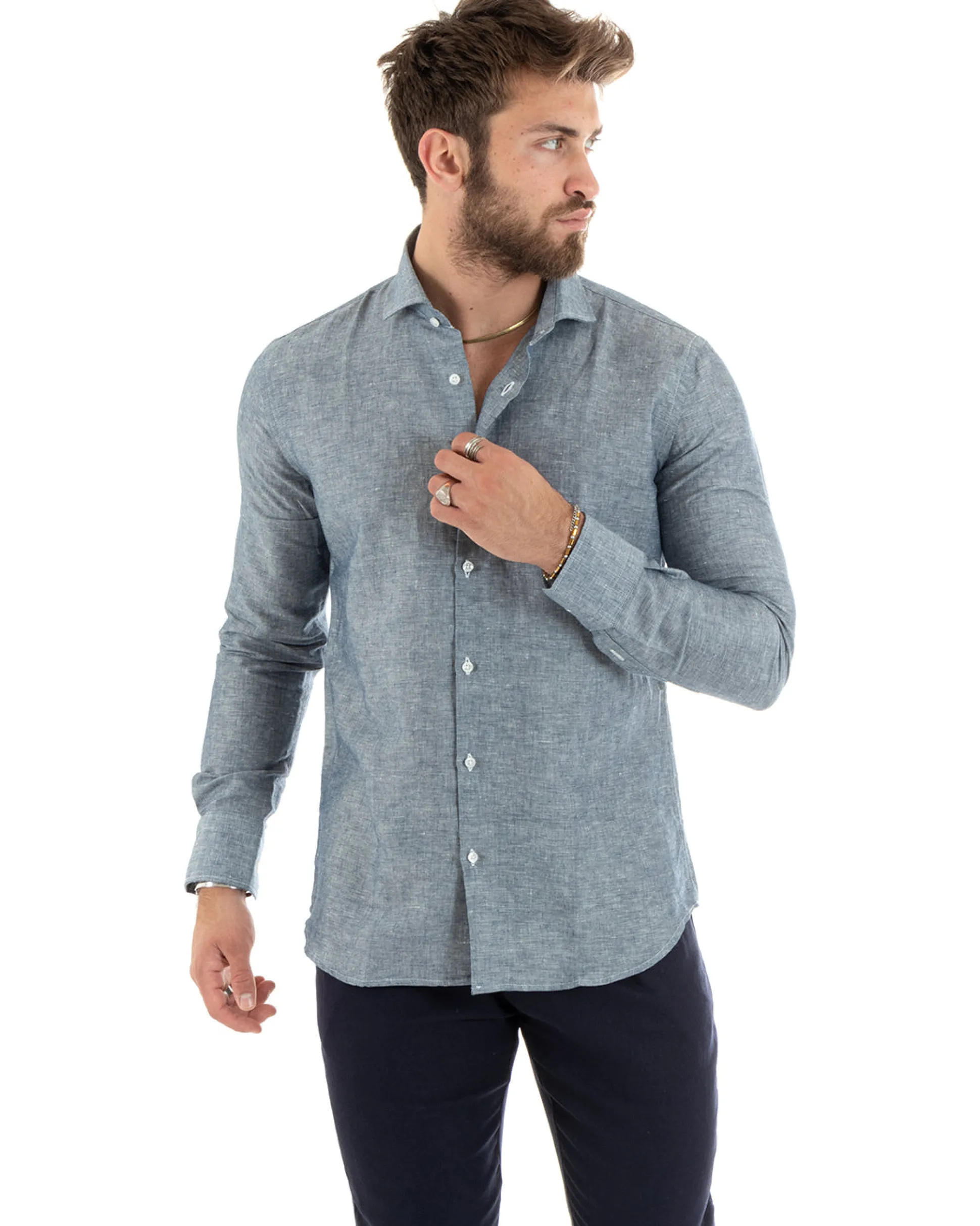 Camicia Uomo Lino Collo Francese Sartoriale Blu Melangiata C2685A