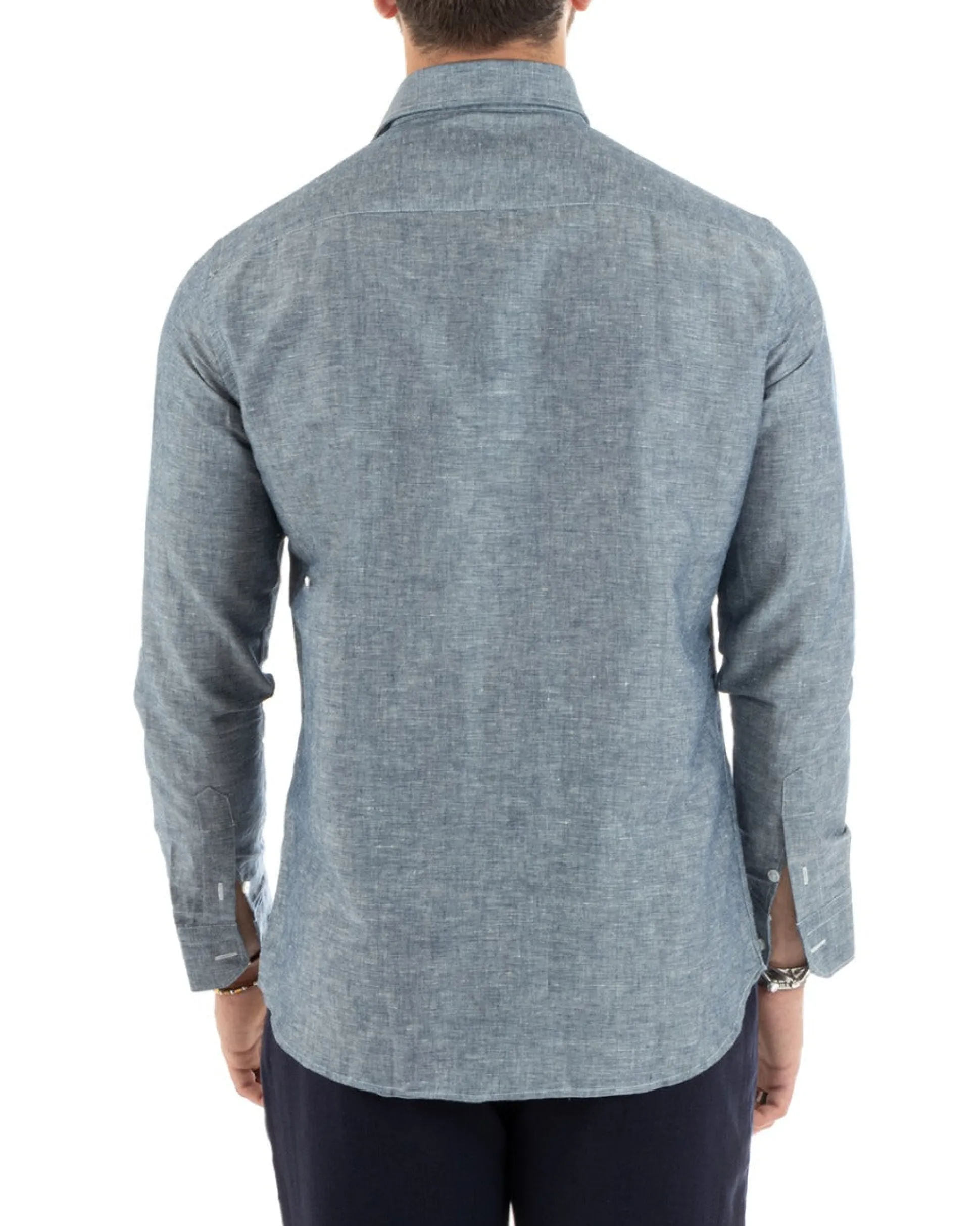 Camicia Uomo Lino Collo Francese Sartoriale Blu Melangiata C2685A
