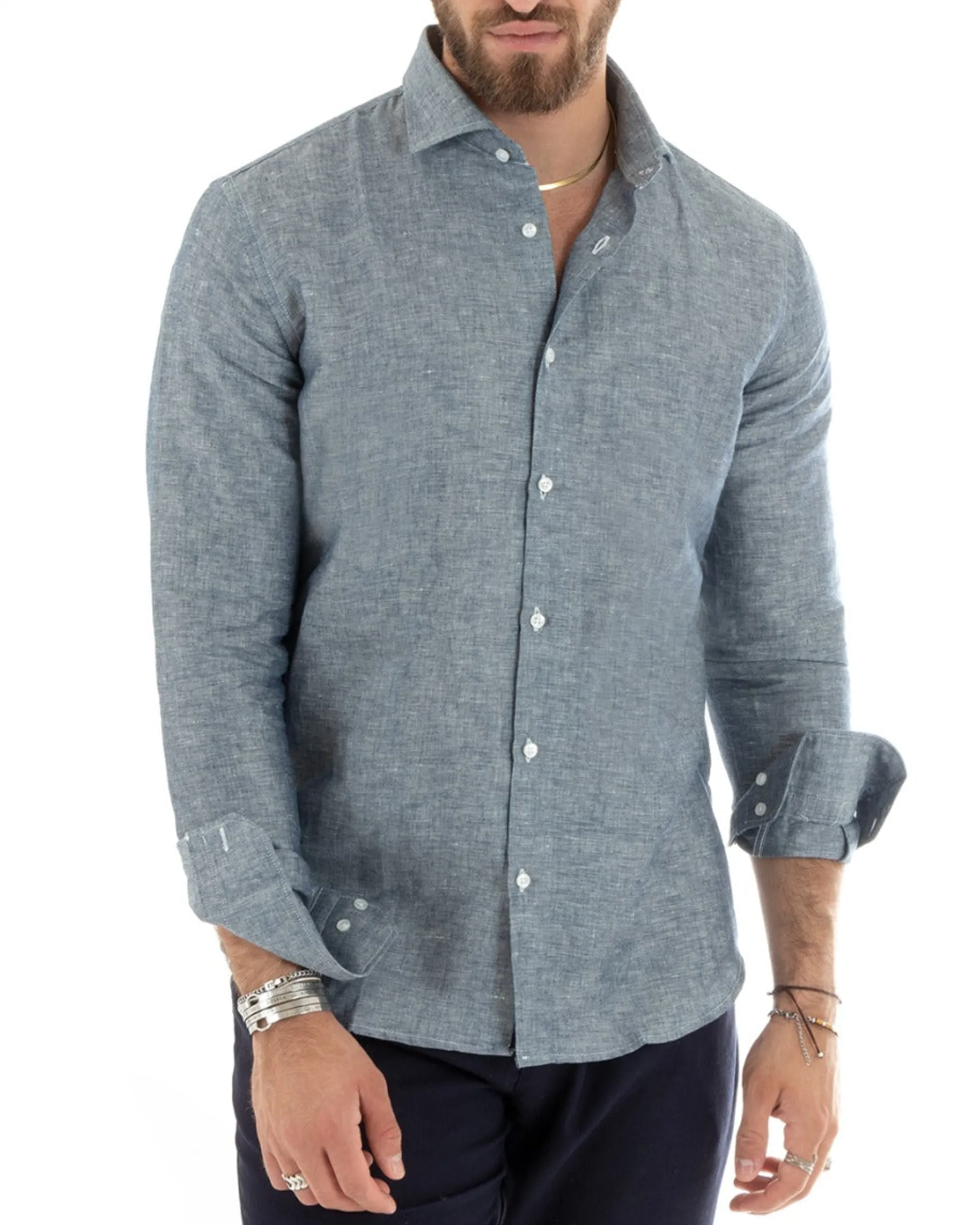 Camicia Uomo Lino Collo Francese Sartoriale Blu Melangiata C2685A
