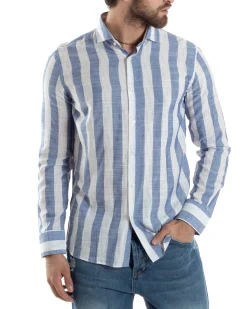 Camicia Uomo Lino Collo Francese Regular Fit Riga Larga Blu C2855A