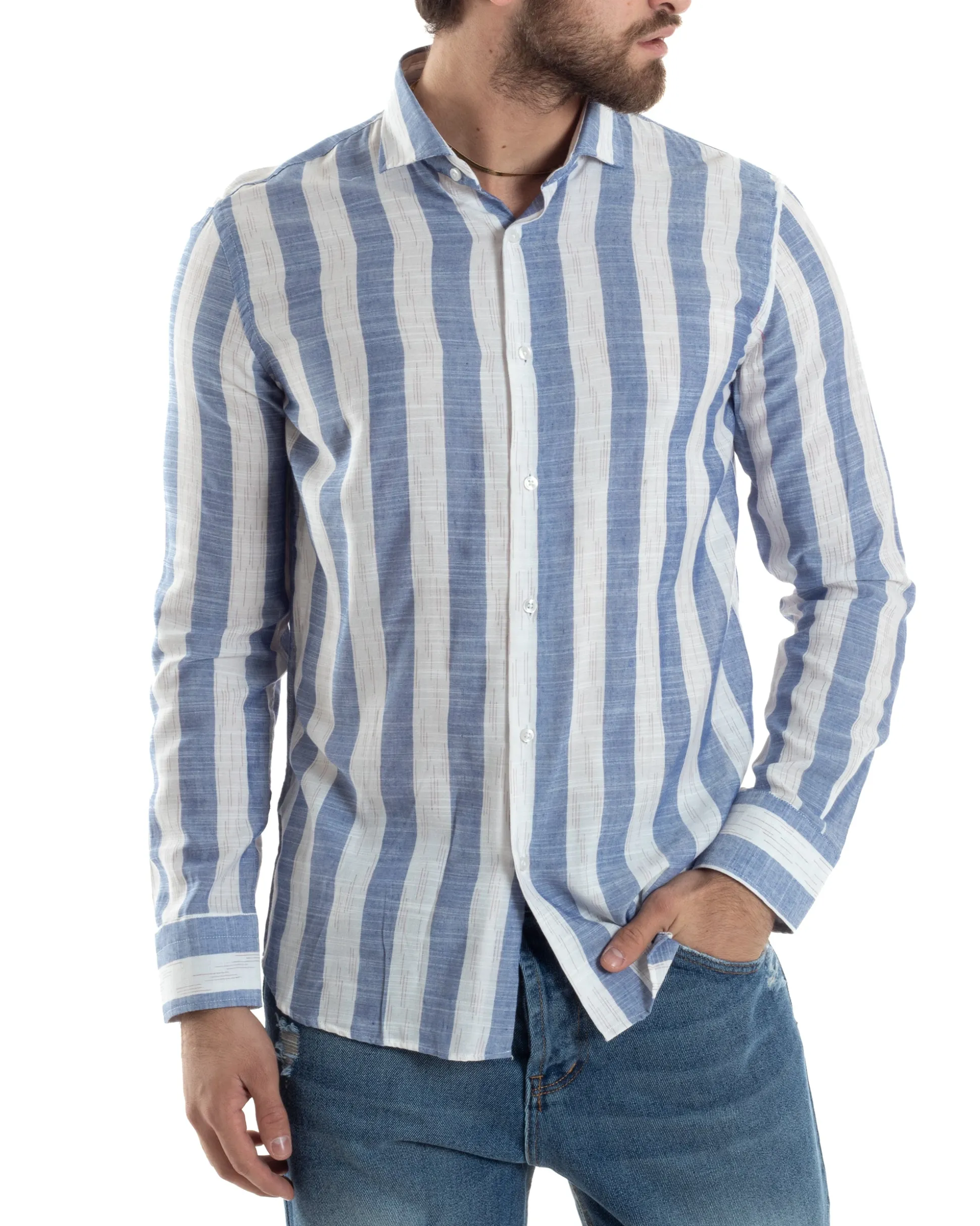 Camicia Uomo Lino Collo Francese Regular Fit Riga Larga Blu C2855A
