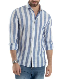 Camicia Uomo Lino Collo Francese Regular Fit Riga Larga Blu C2855A