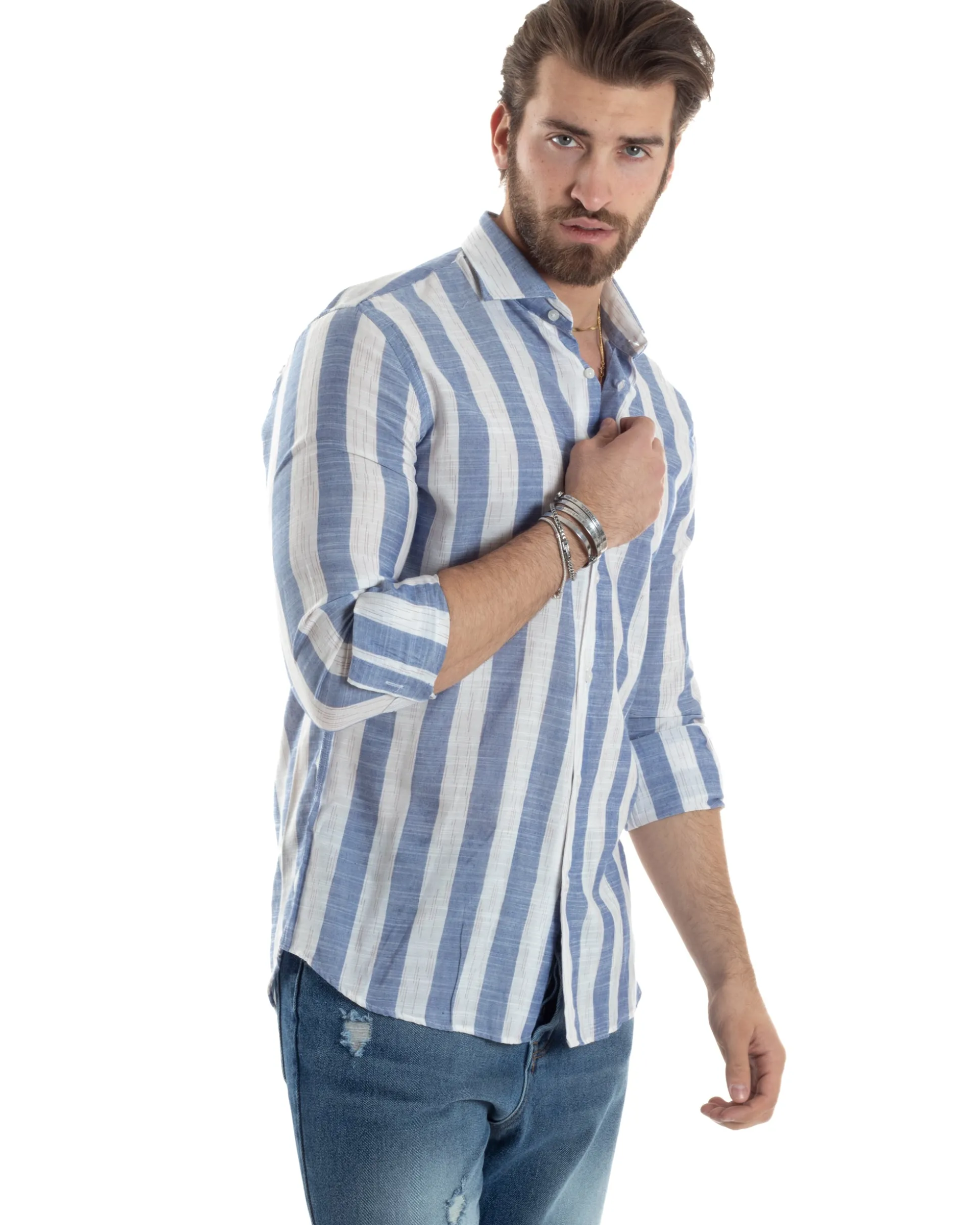Camicia Uomo Lino Collo Francese Regular Fit Riga Larga Blu C2855A