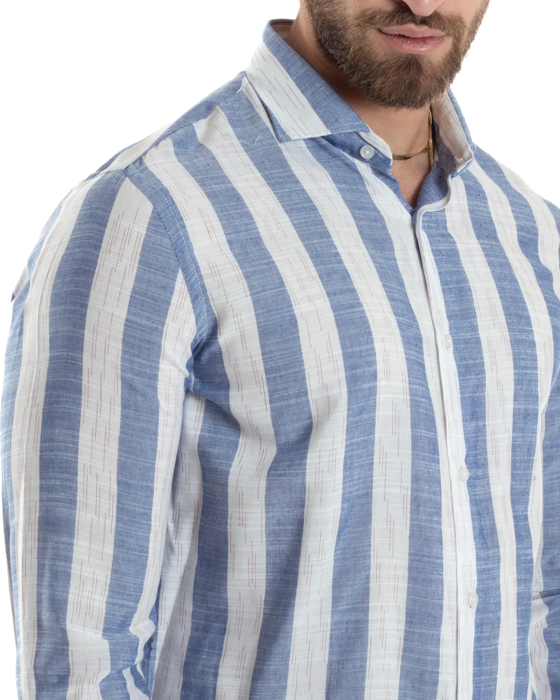 Camicia Uomo Lino Collo Francese Regular Fit Riga Larga Blu C2855A
