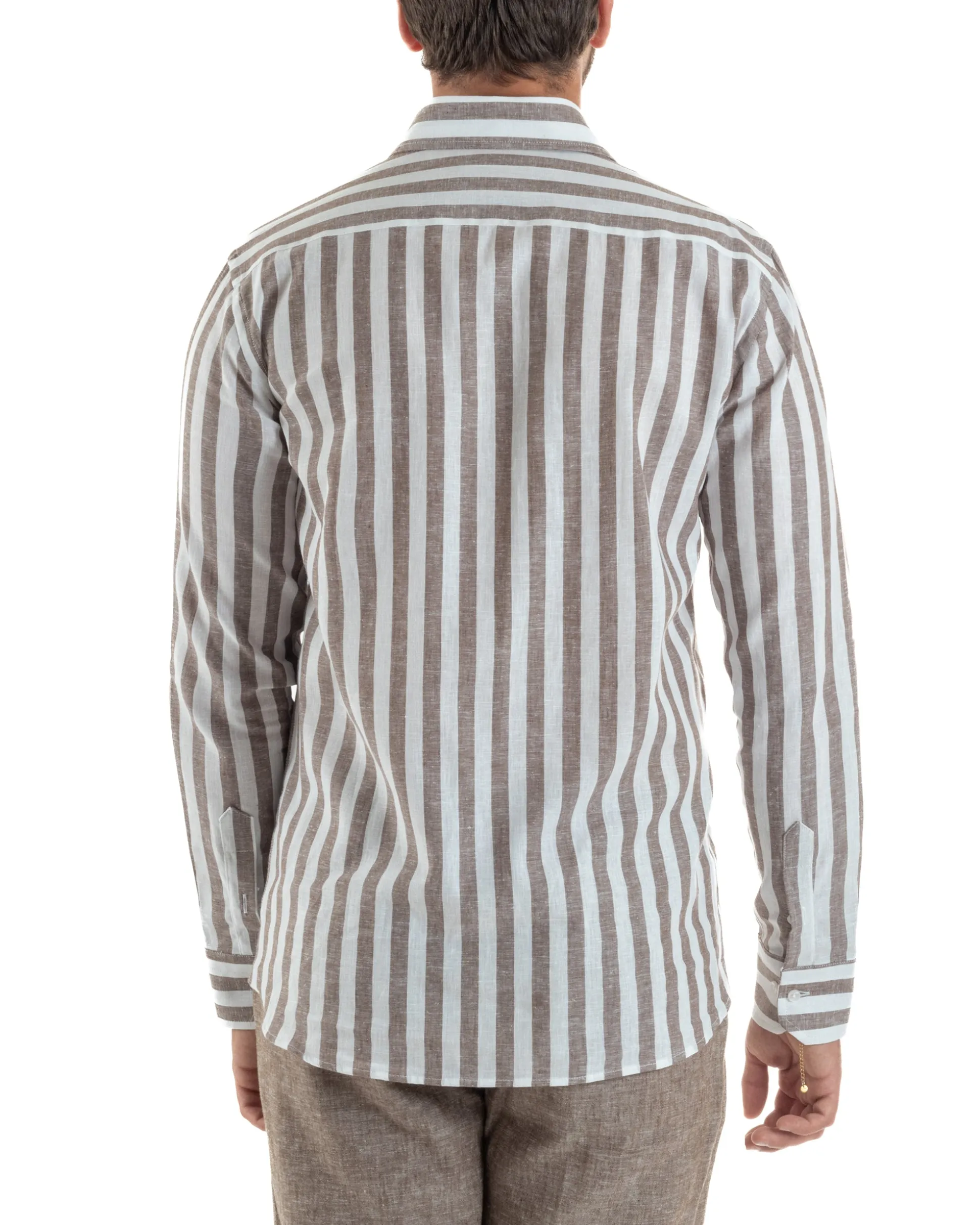 Camicia uomo lino collo francese rigata larga marrone GIOSAL-C3087A