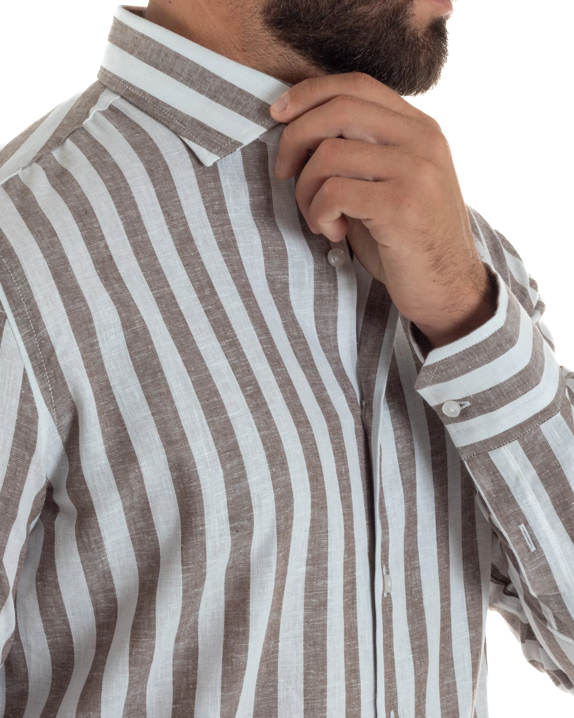 Camicia uomo lino collo francese rigata larga marrone GIOSAL-C3087A