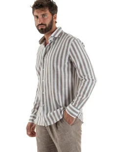 Camicia uomo lino collo francese rigata larga marrone GIOSAL-C3087A