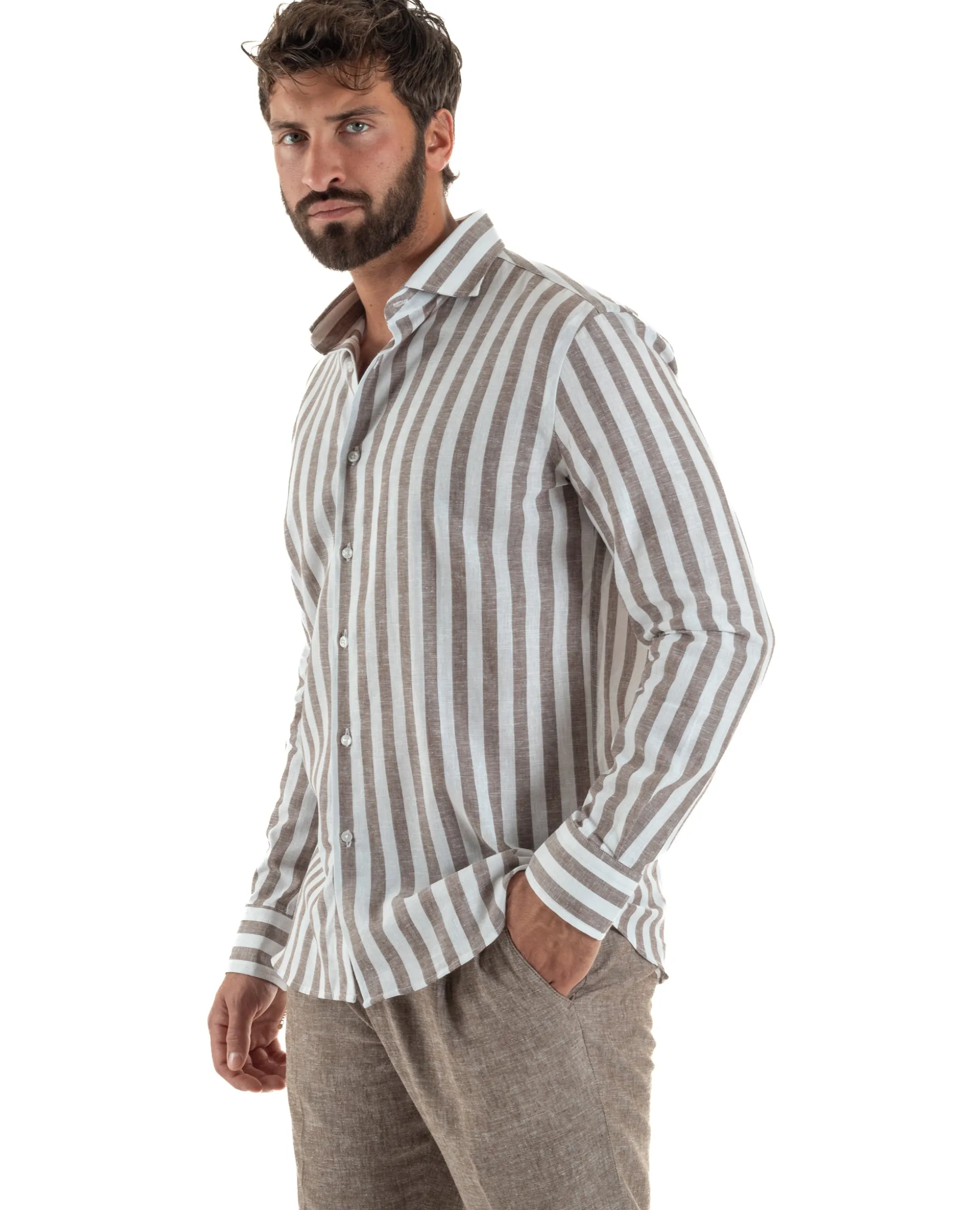 Camicia uomo lino collo francese rigata larga marrone GIOSAL-C3087A