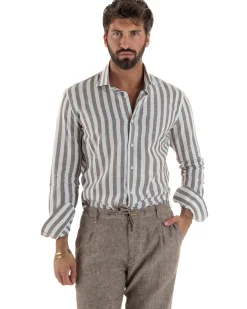 Camicia uomo lino collo francese rigata larga marrone GIOSAL-C3087A