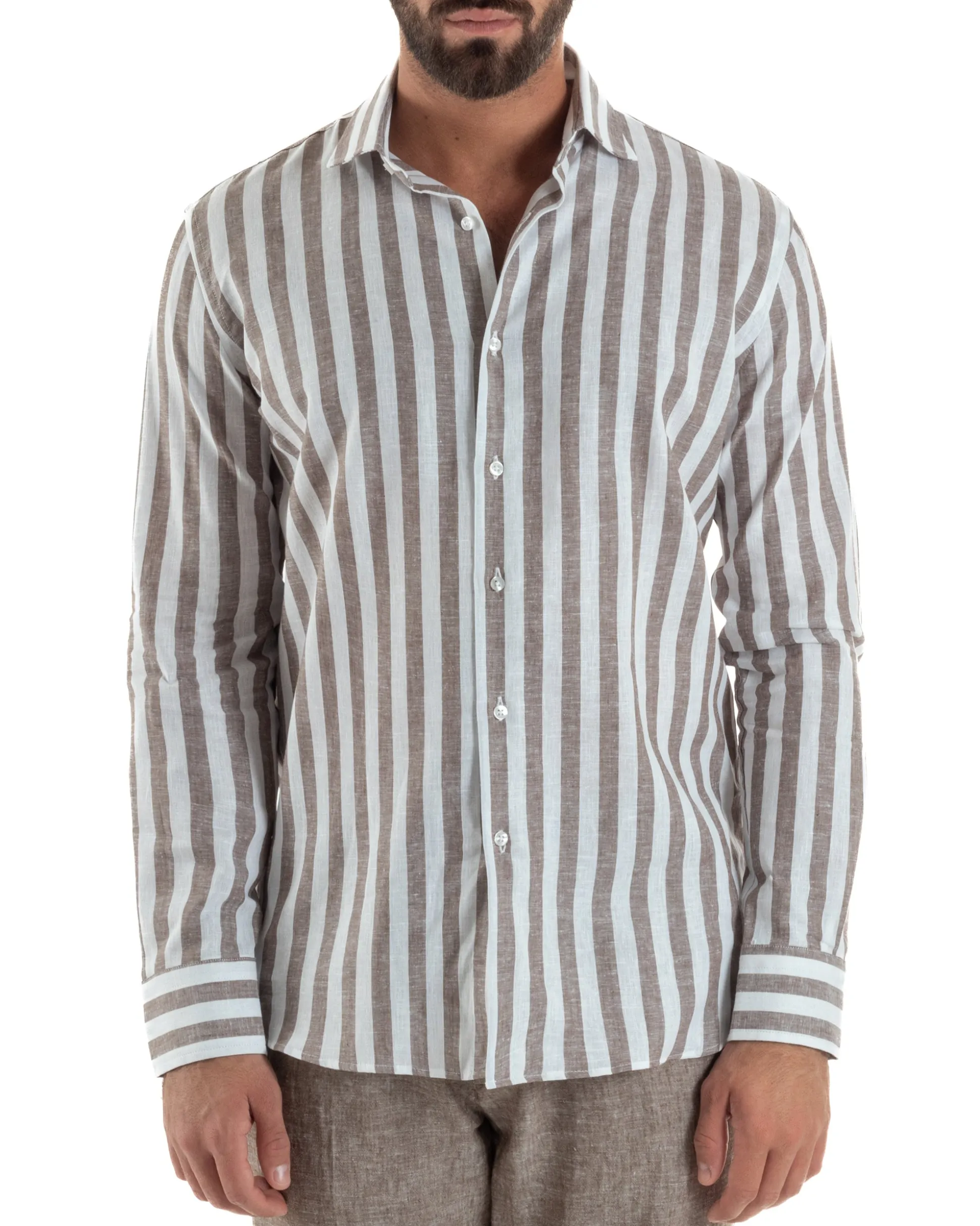 Camicia uomo lino collo francese rigata larga marrone GIOSAL-C3087A