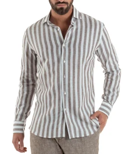 Camicia uomo lino collo francese rigata larga marrone GIOSAL-C3087A